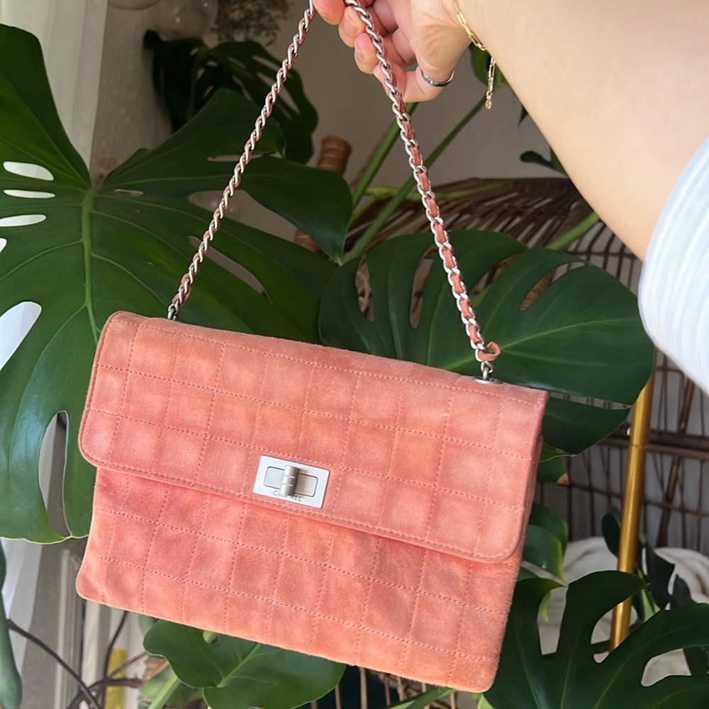 Pink Chanel suede 2.55 flap bag
